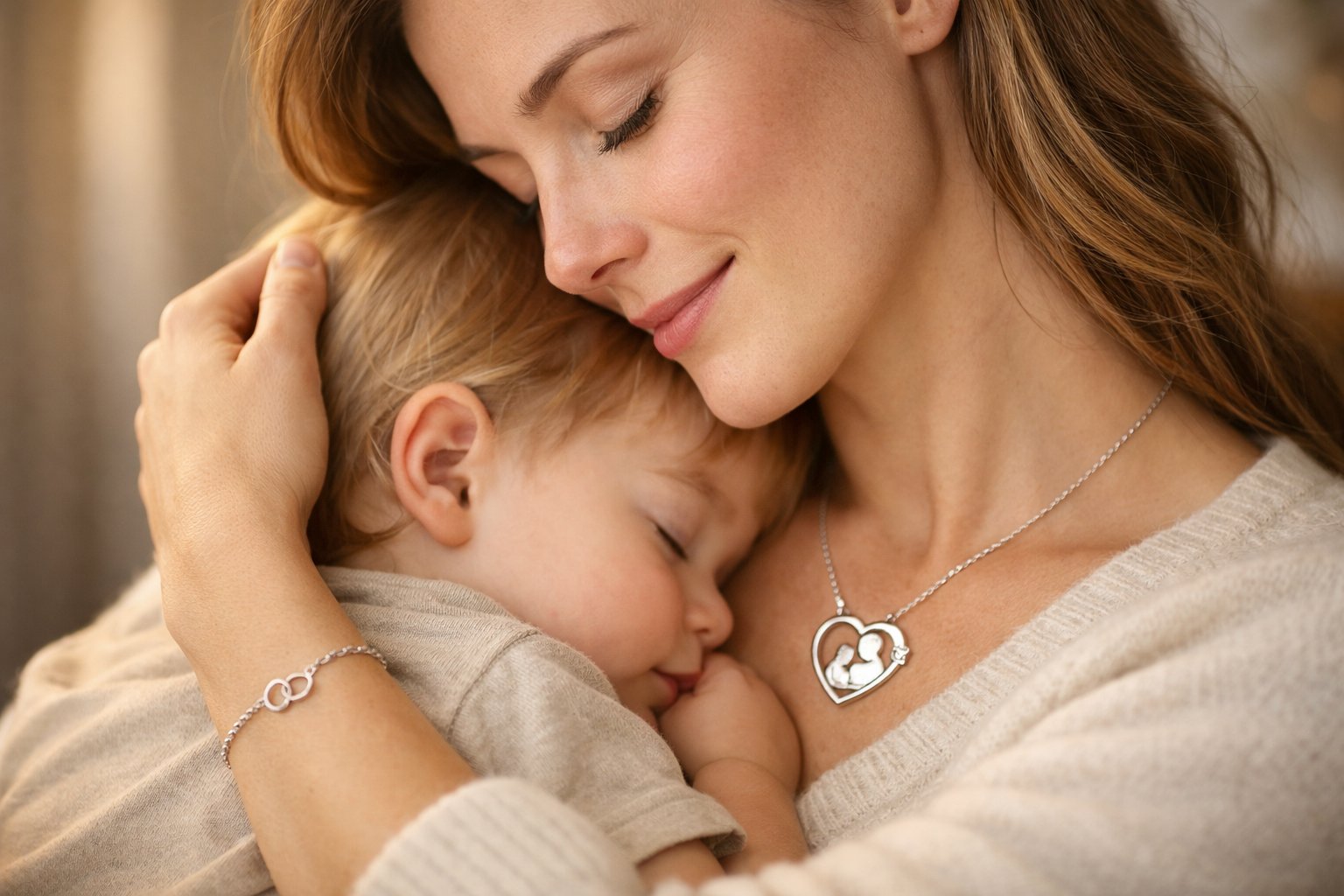 A mother gently holding her child close, wearing a delicate piece of jewelry that symbolizes their bond.