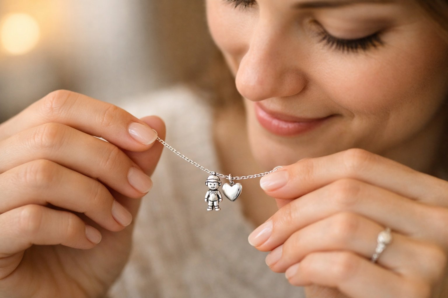 A close-up of a mother wearing a necklace with a heart-shaped pendant, gently touching it with her hands.