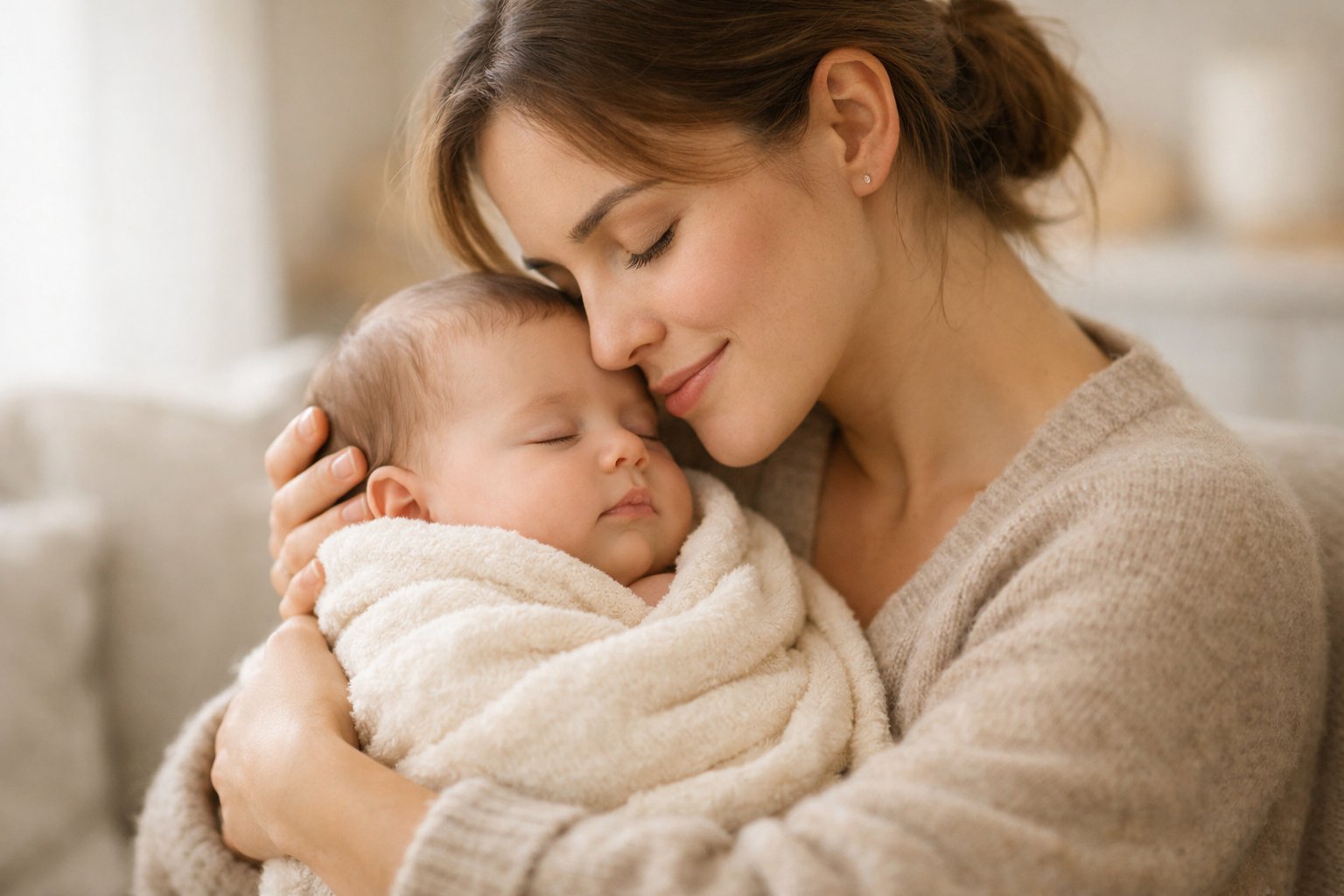 A mother tenderly holding her baby close, both with peaceful expressions, in a softly lit home setting.