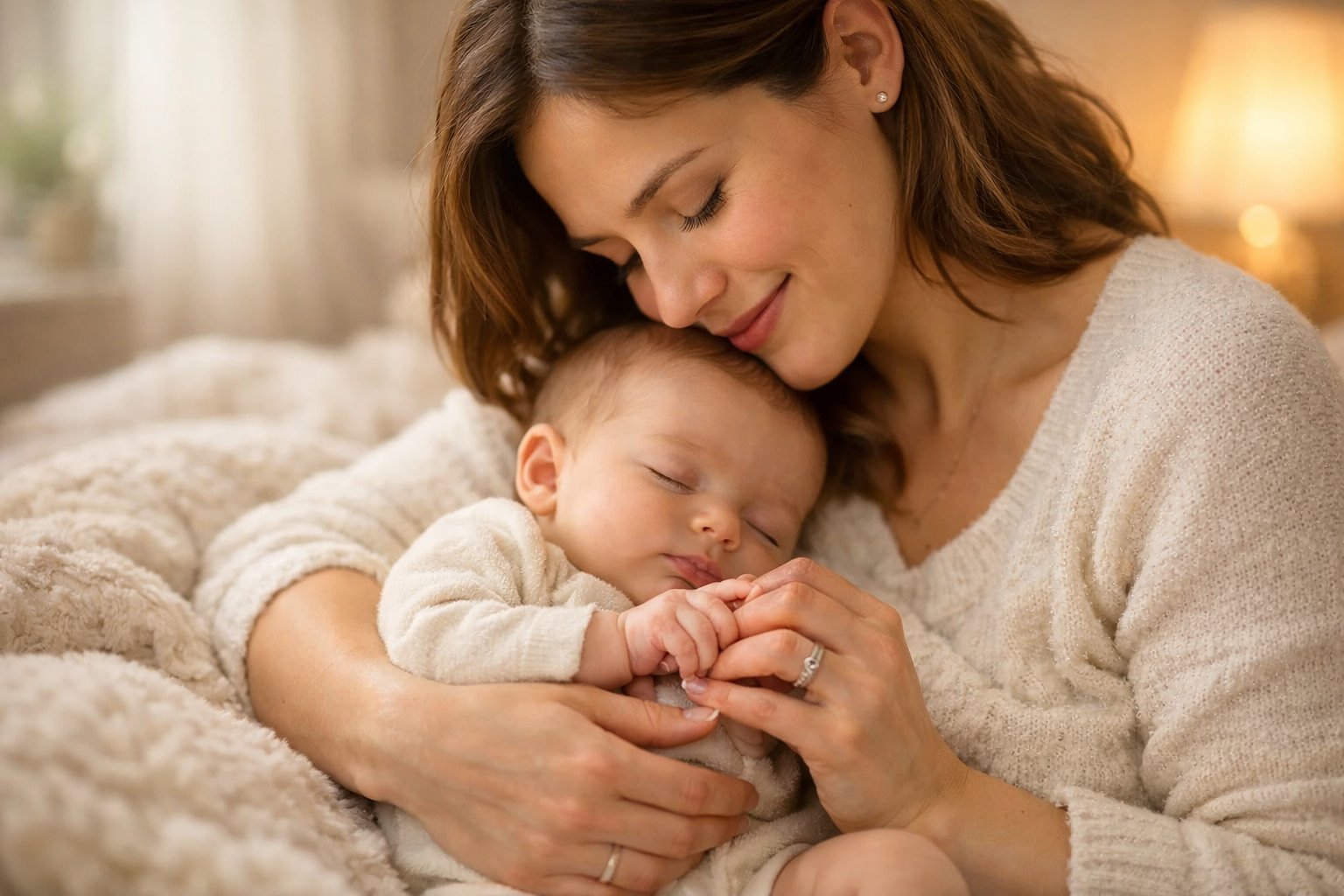 A mother tenderly holding her baby’s hand while looking at the child with love in a softly lit room.