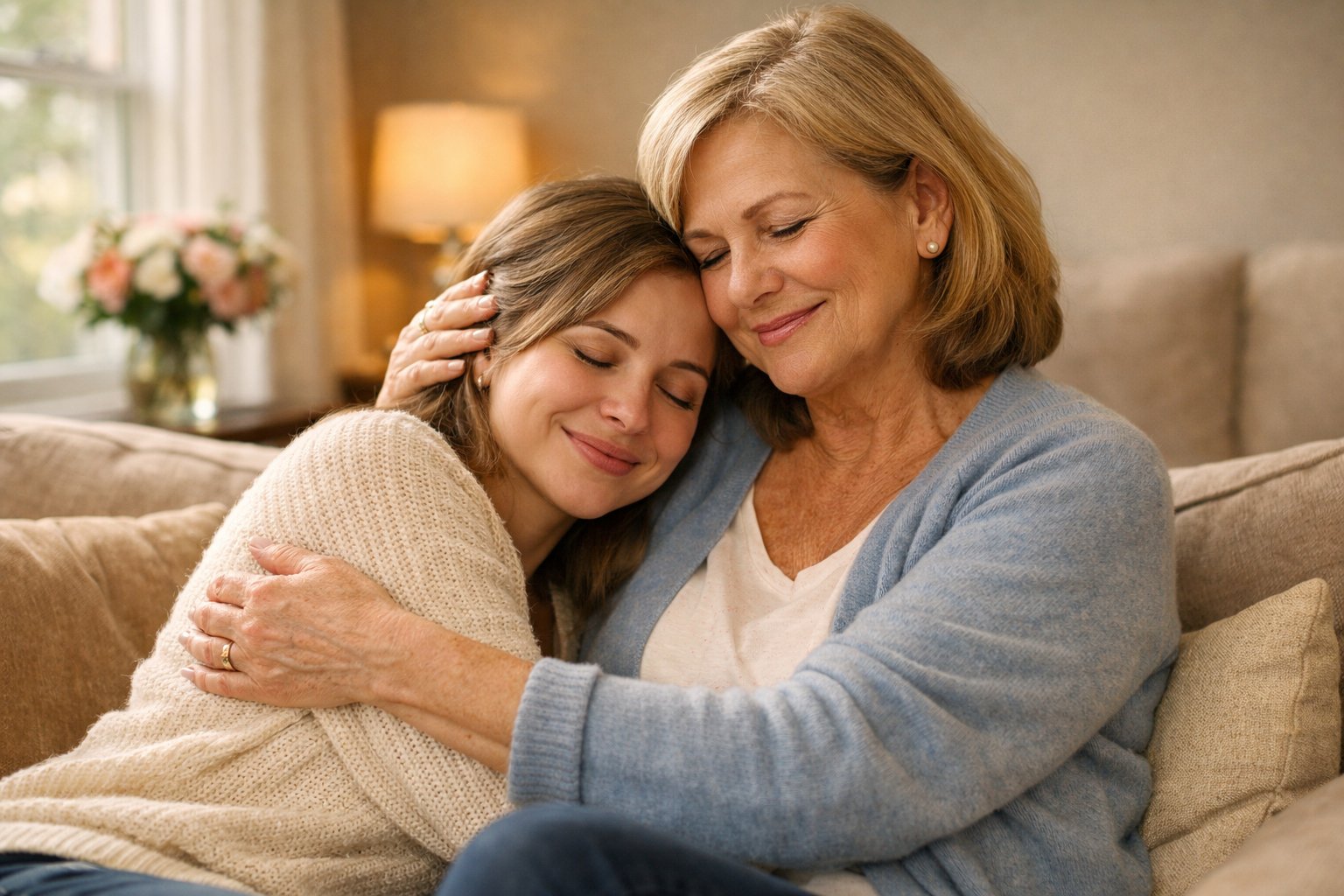 An adult daughter and her mother share a warm, comforting embrace on a sofa in a cozy living room.
