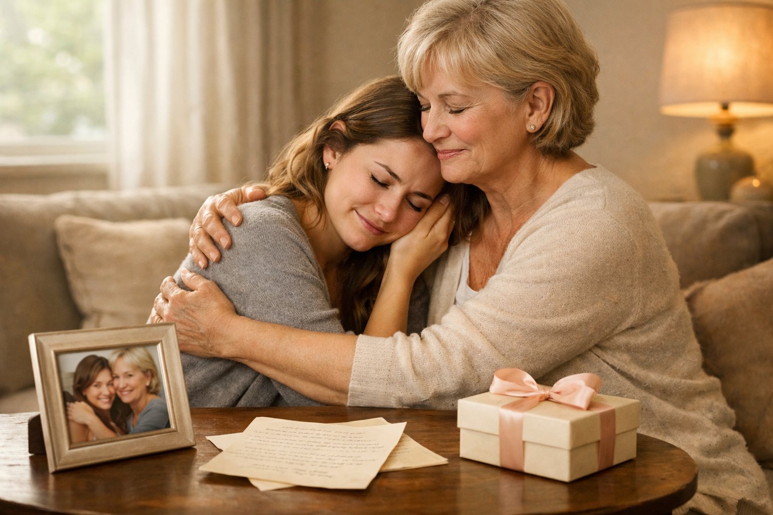 An adult daughter and her mother share a warm embrace in a cozy living room, surrounded by sentimental gifts on a nearby table.