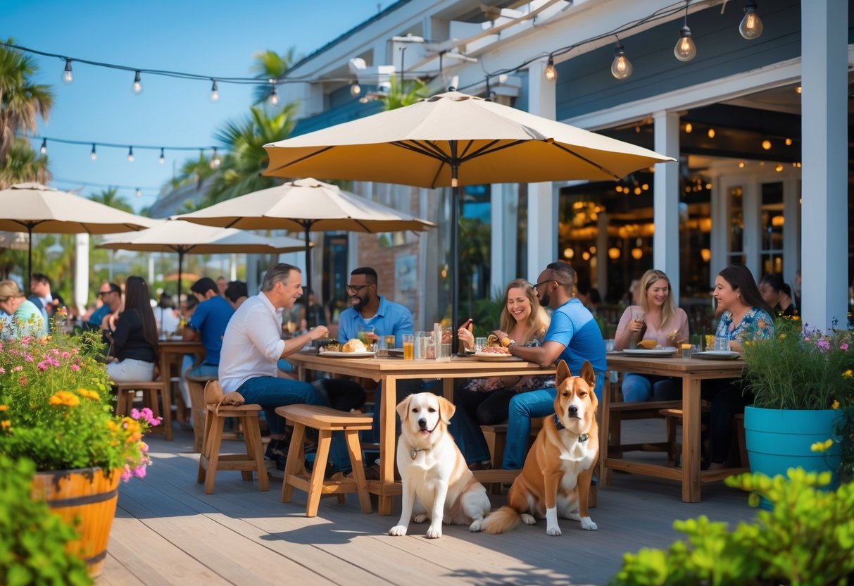 People dining outdoors at a pet-friendly café with dogs sitting beside them on a sunny day.