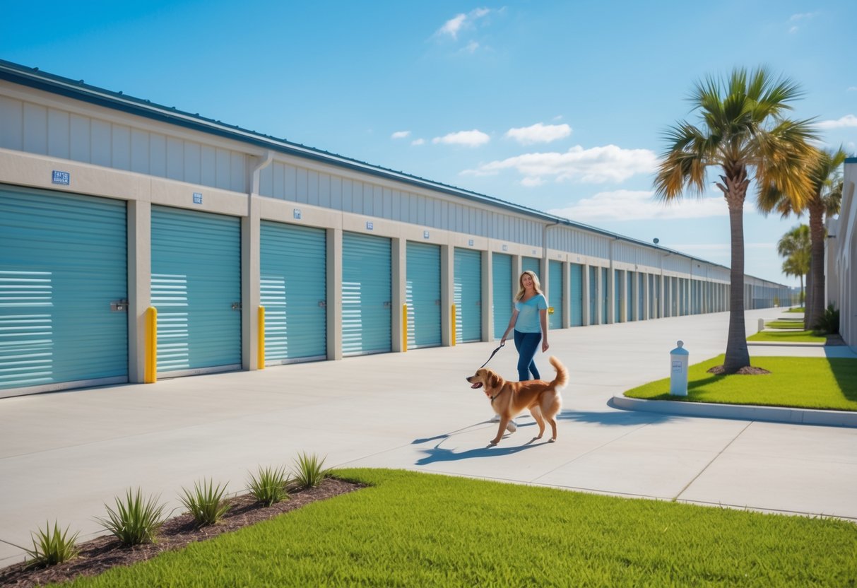 A person walking a dog near rows of clean storage units on a sunny day with palm trees and green landscaping.