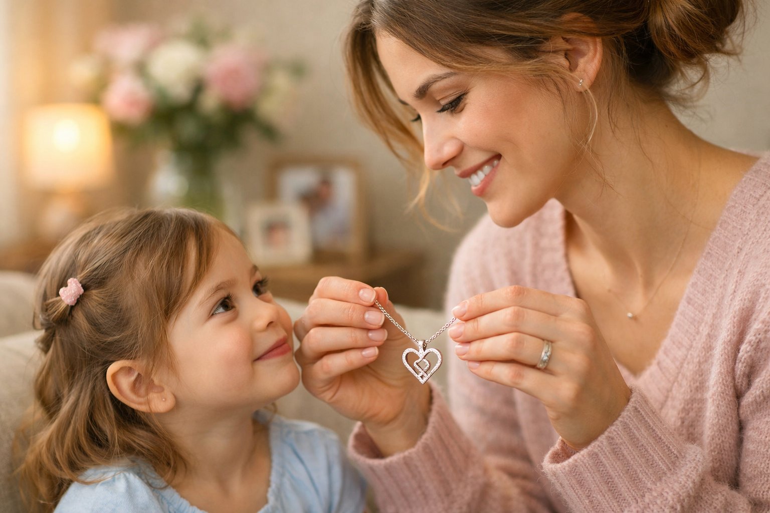 A mother gently holds a necklace while looking lovingly at her young daughter in a cozy living room.