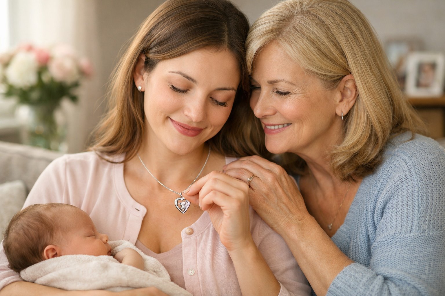 A mother and her grown daughter share a tender moment as the daughter wears a delicate necklace gifted by her mother, sitting together in a cozy living room.
