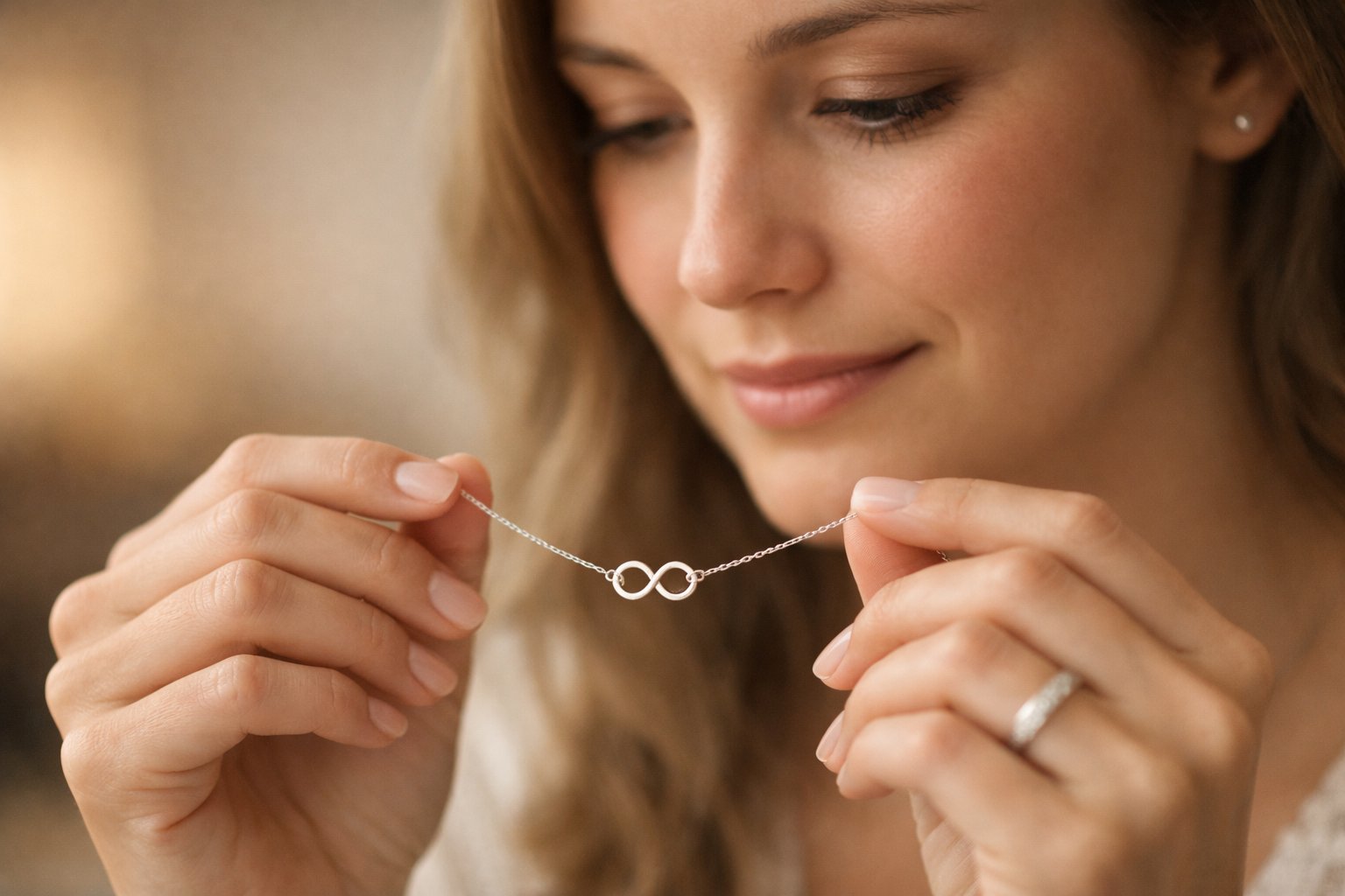 A woman holding a delicate necklace with a thoughtful expression, symbolizing emotional connection and personal significance.