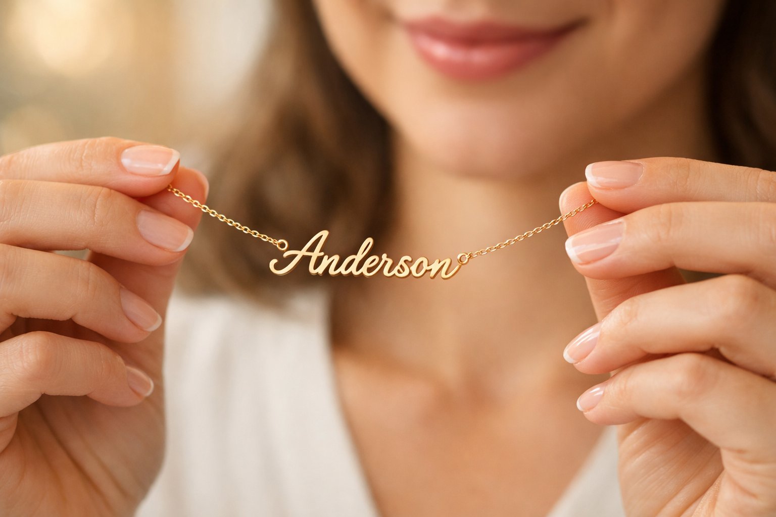 A woman holding a gold necklace with a last name pendant, showing a tender and meaningful moment.