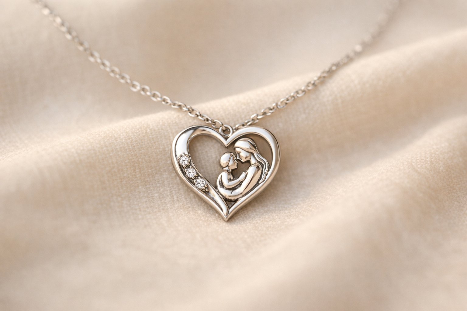 Close-up of a delicate heart-shaped necklace resting on soft fabric, symbolizing love and remembrance.