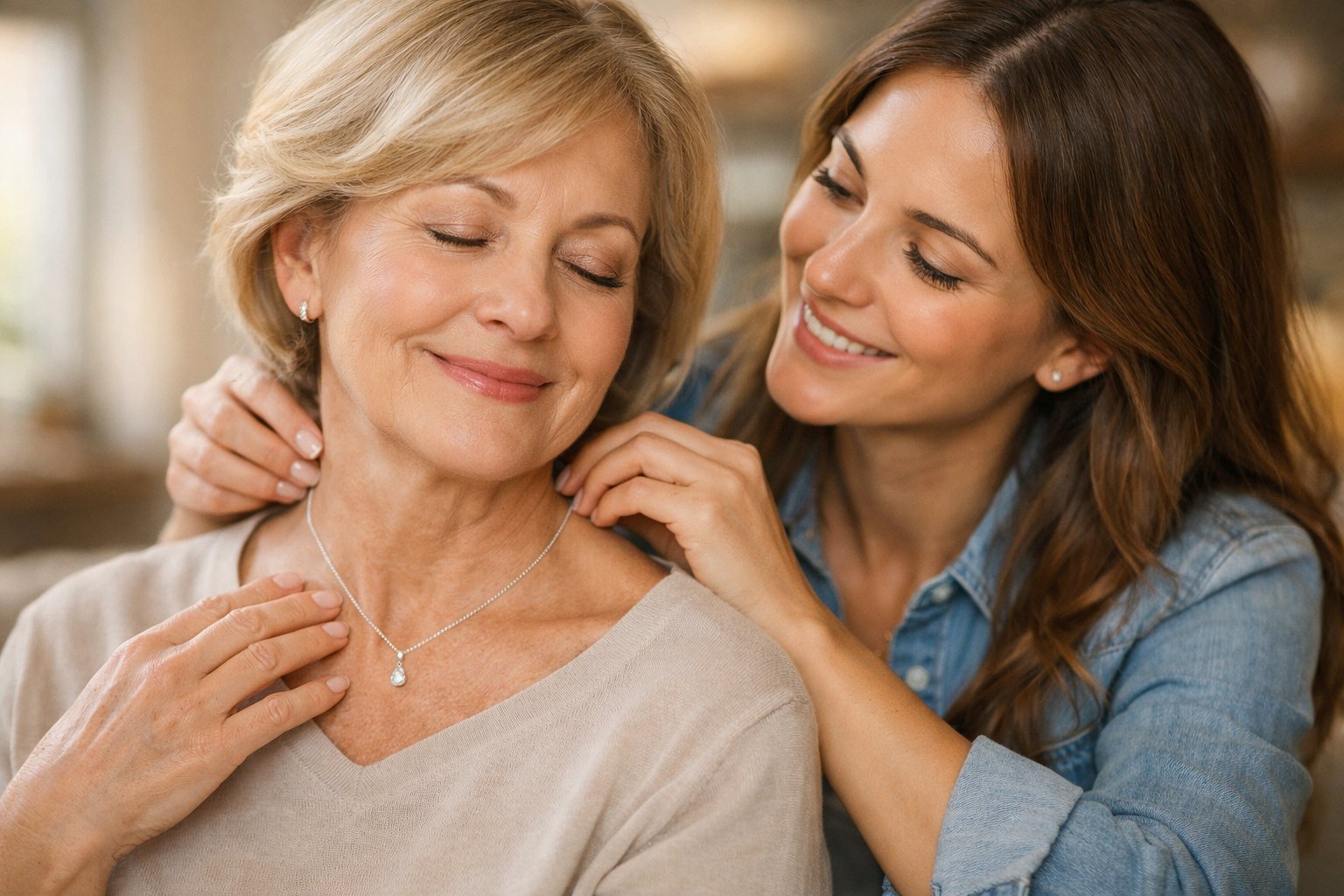 A daughter gently puts a necklace on her mother, both sharing a warm and emotional moment indoors.