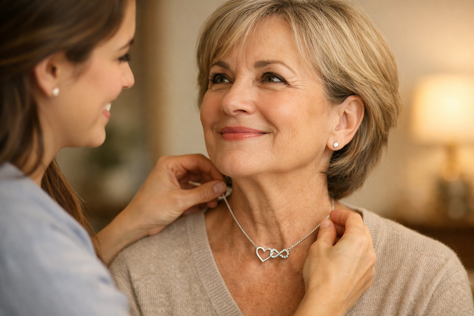 A child gently places a necklace around a smiling mother's neck in a warm indoor setting, showing a tender moment of affection.
