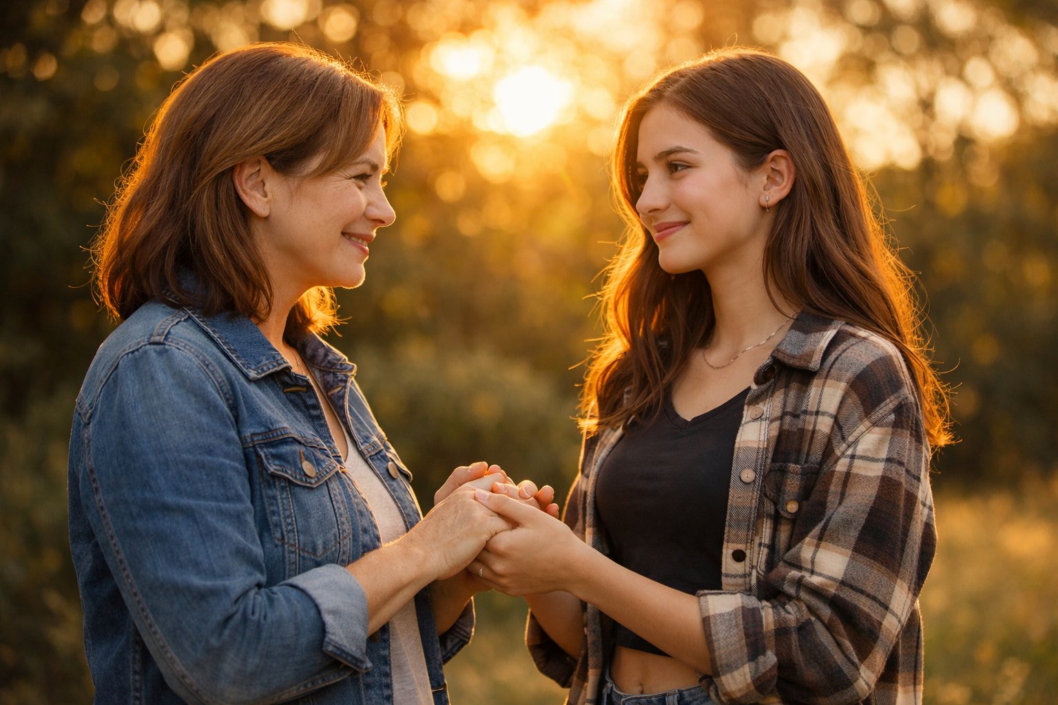A mother and her teenage daughter holding hands and smiling warmly at each other outdoors during sunset.