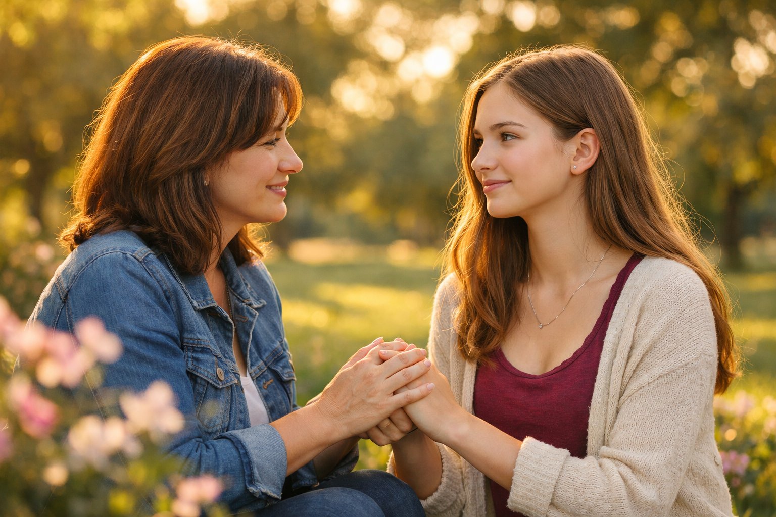 A mother and her teenage daughter holding hands and looking at each other with love and support in a sunlit park.