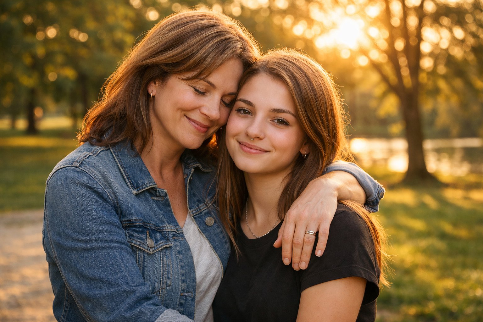 A mother lovingly embraces her teenage daughter outdoors in a park during sunset.