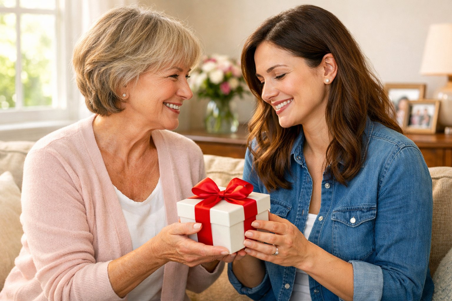An adult daughter receives a small gift from her mother in a cozy living room, both smiling warmly and sharing a tender moment.