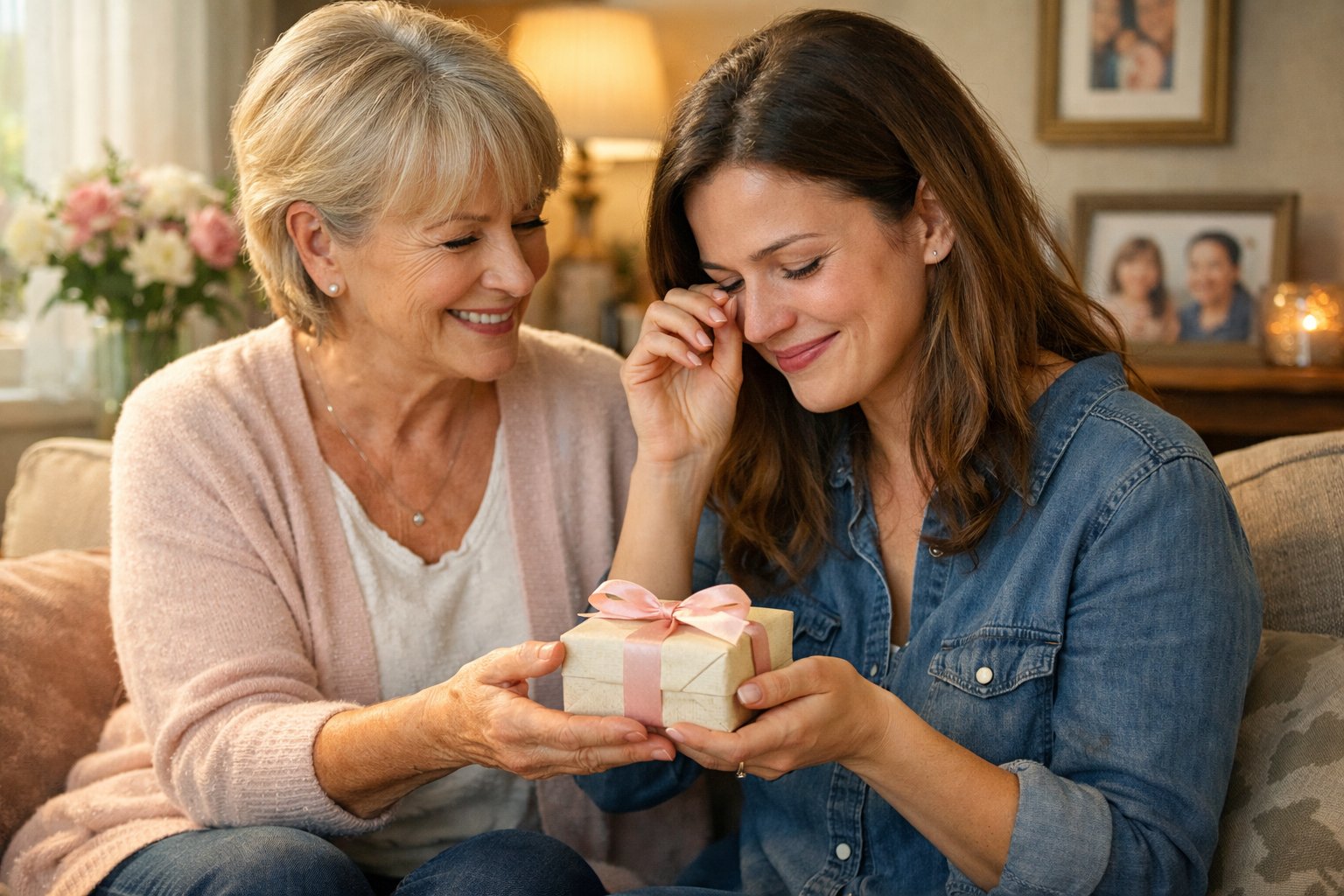 An adult daughter receives a small gift from her mother as they sit closely together, sharing a tender and emotional moment.