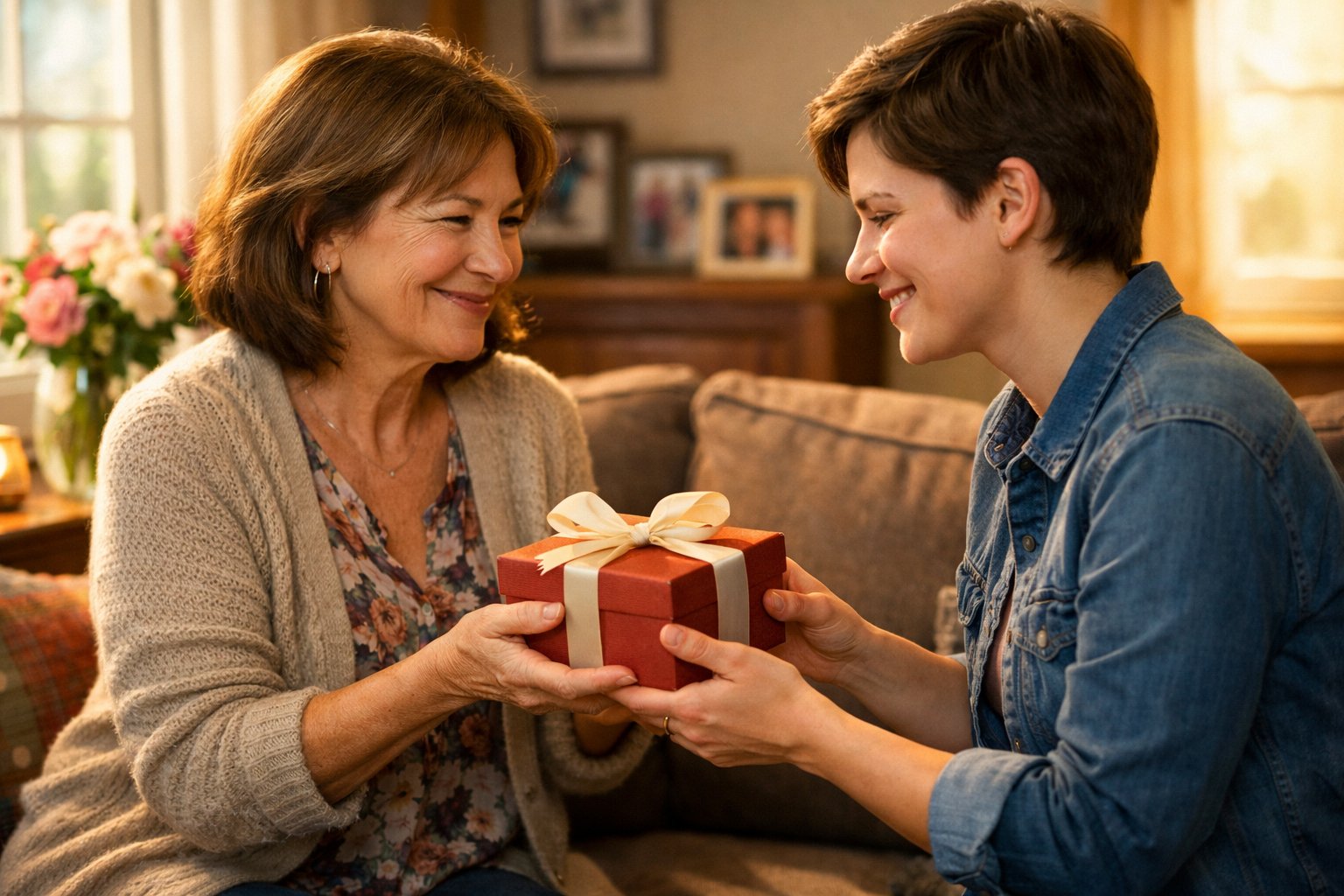 A mother warmly handing a gift to her adult child in a cozy living room, both smiling and sharing a tender moment.
