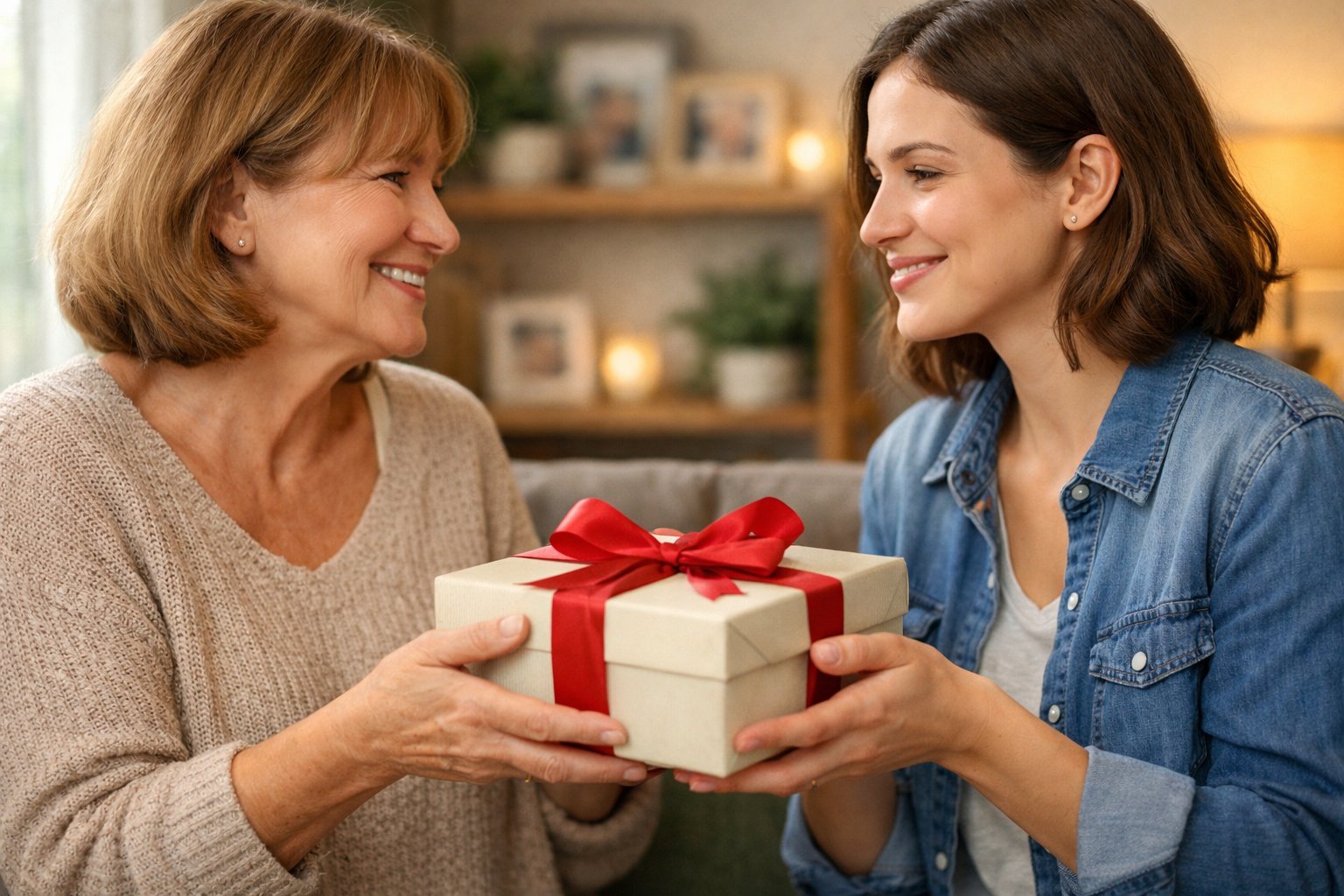 A mother gently gives a wrapped gift to her adult child, both smiling warmly in a cozy living room.