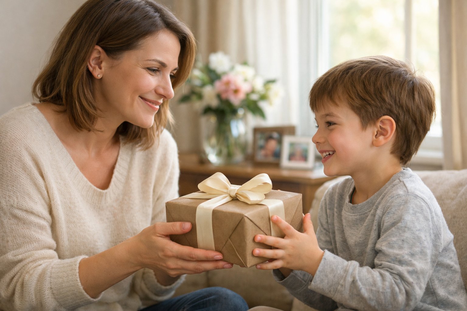 A mother and child exchanging a gift in a cozy living room, both smiling warmly at each other.