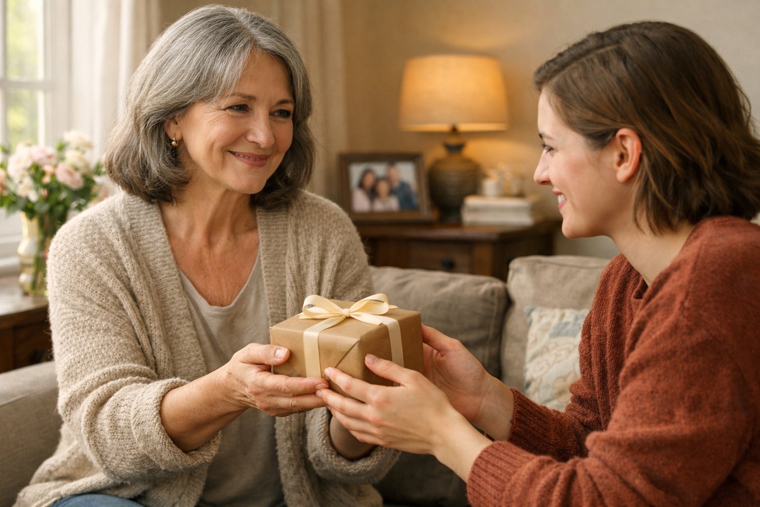 A mother giving a small wrapped gift to her adult child in a cozy living room, both smiling warmly.