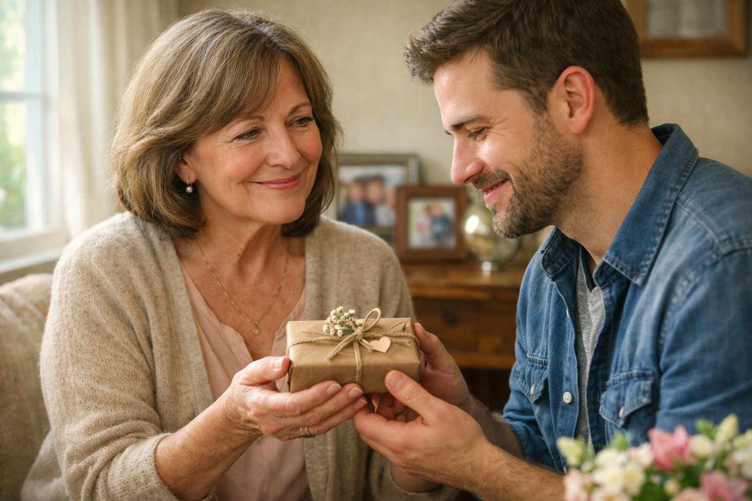 A mother and adult child exchanging a small, meaningful gift in a cozy home, both smiling warmly at each other.