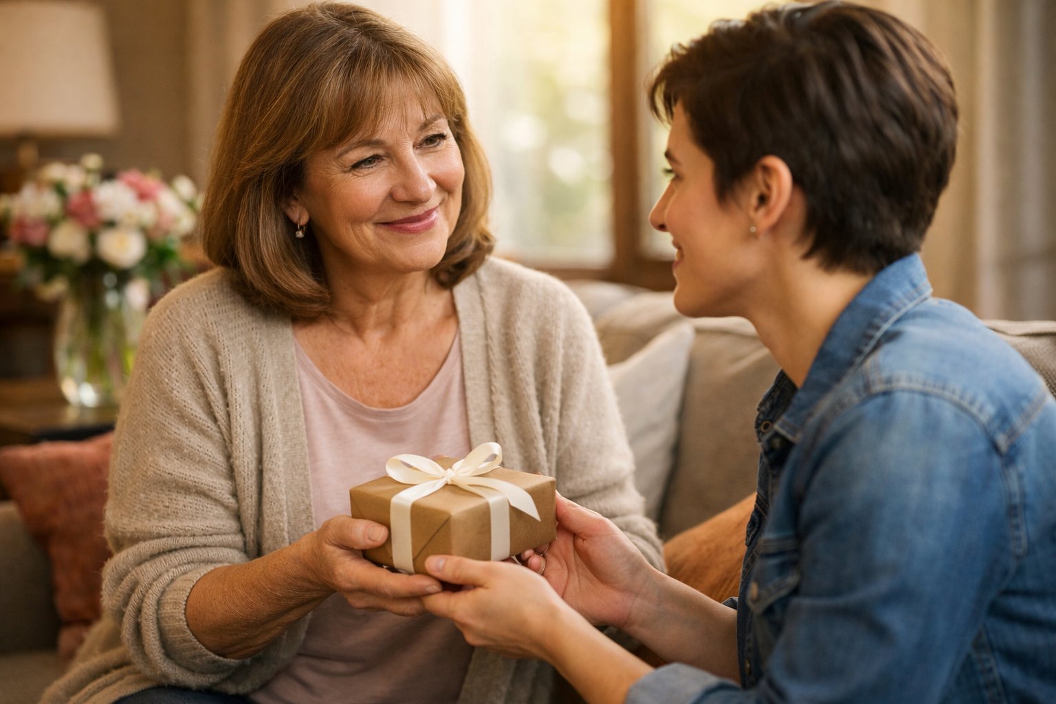 A mother and adult child exchanging a small gift in a cozy living room, both smiling warmly at each other.
