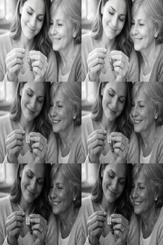 An adult daughter and her mother share a tender moment as the daughter holds a delicate message card necklace, sitting closely together in a cozy living room.