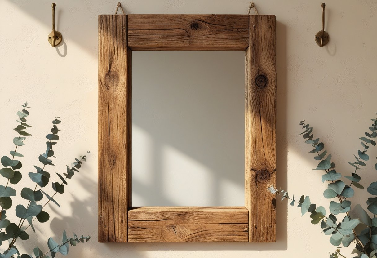 A handmade rustic wall mirror with a wooden frame hanging on a cream-coloured wall, surrounded by dried plants.
