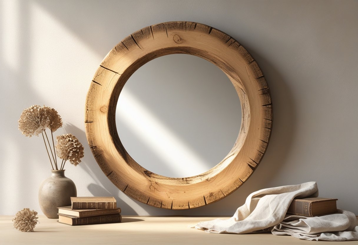 A round wooden wall mirror with a weathered frame hanging on a neutral wall, surrounded by dried flowers, vintage books, and fabric.