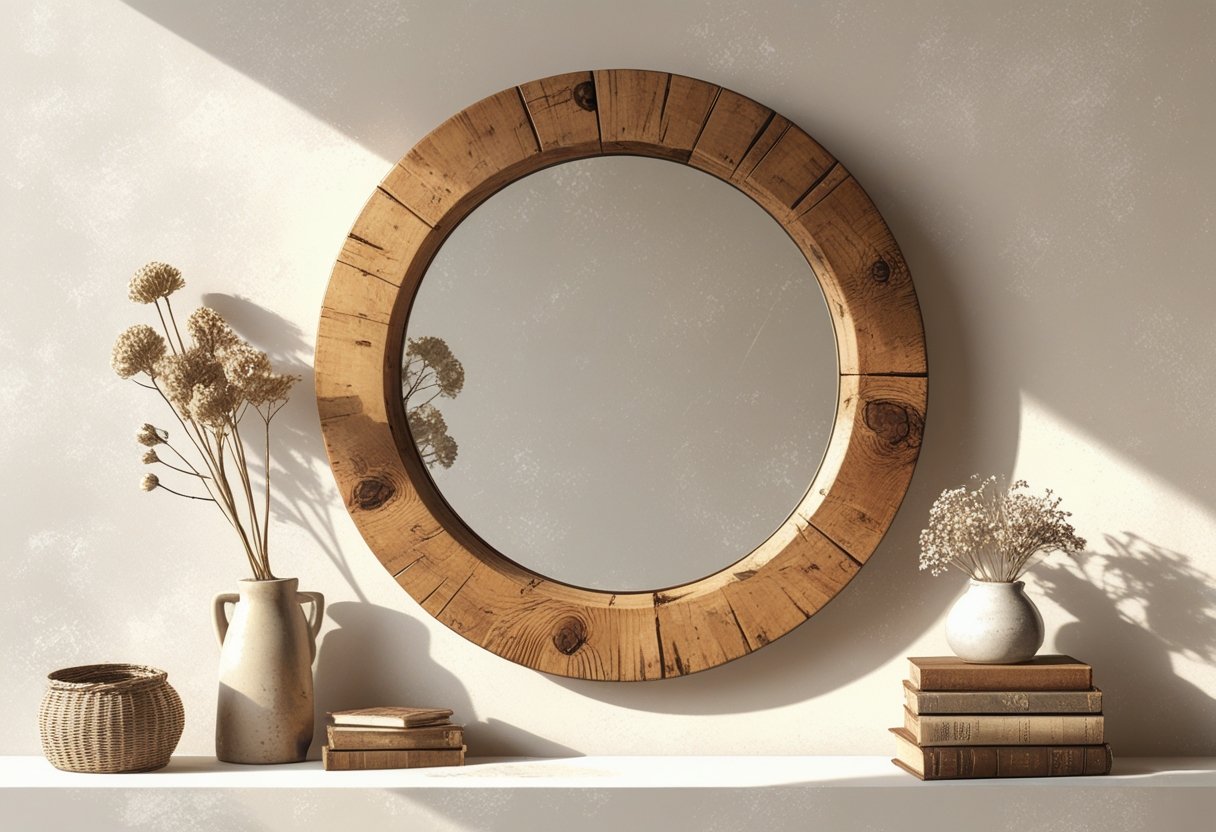 A handmade wooden wall mirror with a natural frame hanging on a wall, surrounded by simple home decor items.