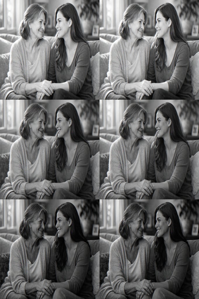 A mother and her adult daughter sitting together, sharing a warm and loving moment in a cozy living room.