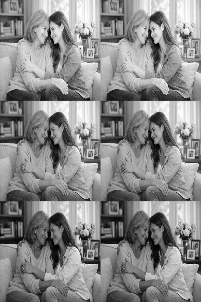A mother and her adult daughter sitting closely on a sofa, sharing a gentle embrace and smiling at each other in a cozy living room.