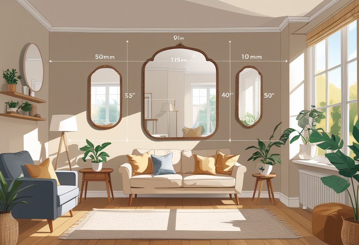 A living room with a rustic wooden wall mirror in different sizes displayed on the wall above wooden furniture and plants.