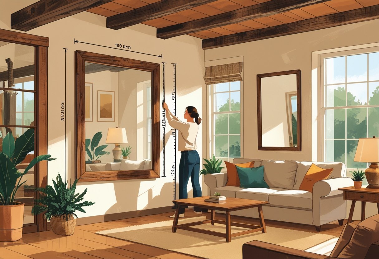 A person measuring a wall in a rustic living room to decide where to place a large wooden-framed wall mirror.