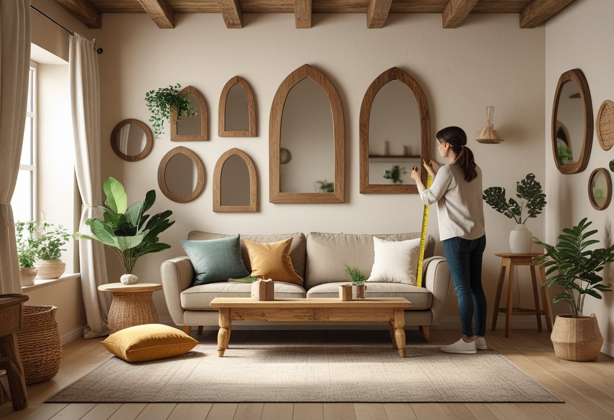 A person measuring a wall in a living room with several rustic wooden mirrors of different sizes displayed on the wall.