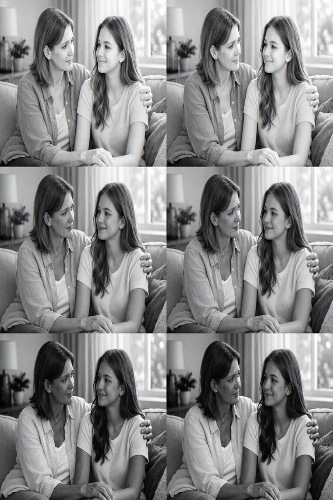 A mother and her teenage daughter sitting together on a sofa, the mother looking at her daughter with gentle concern while the daughter smiles reassuringly.