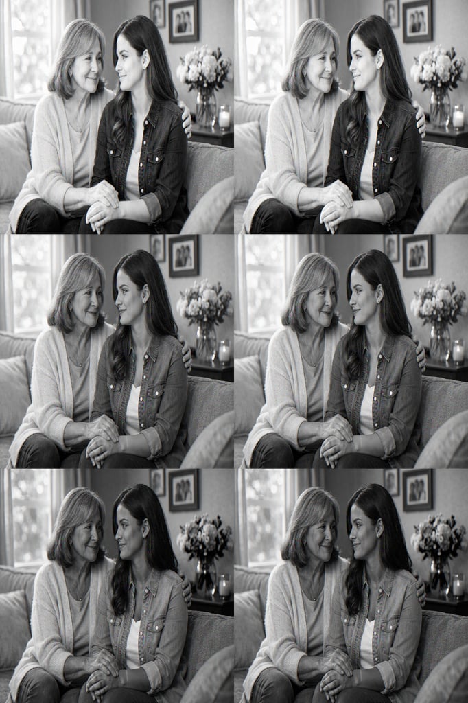 A mother and adult daughter sitting together in a living room, sharing a thoughtful and caring moment.