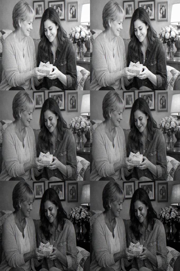 A mother giving a small wrapped gift to her adult daughter in a cozy living room, both sharing a tender, emotional moment.