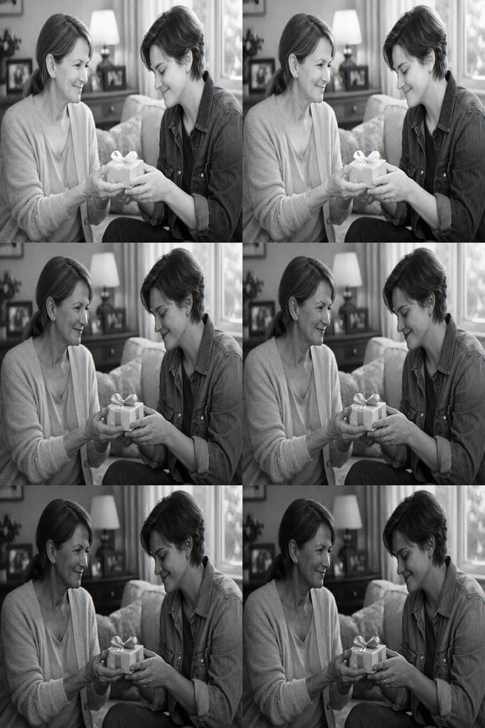 A mother giving a small gift to her adult child in a cozy living room, both sharing a warm and loving moment.