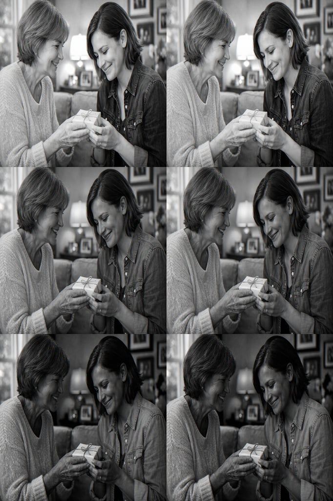 A mother giving a small wrapped gift to her adult child in a cozy living room, both sharing a warm and emotional moment.