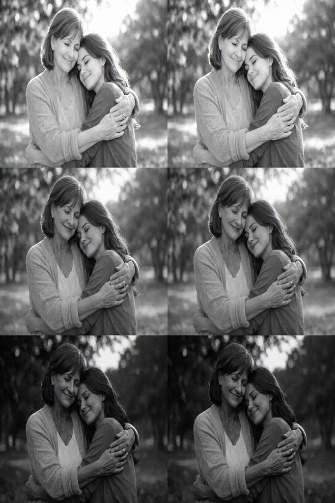 A mother and her adult daughter embrace warmly outdoors in a sunlit park, sharing a loving moment.