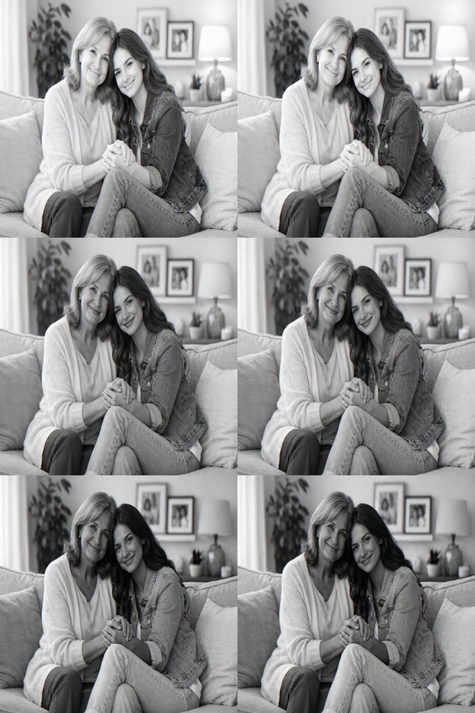 A mother and her grown-up daughter sitting closely together on a sofa, smiling and holding hands in a bright living room.