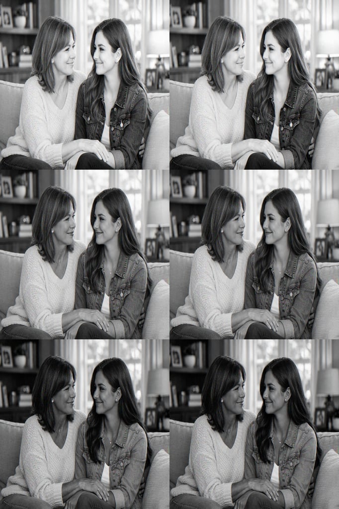 A mother and her adult daughter sitting together on a sofa, smiling warmly at each other in a cozy living room.