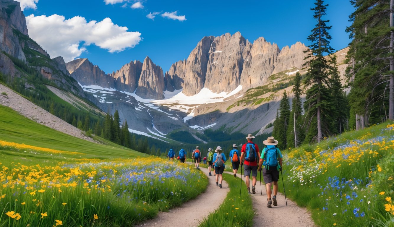A summer hiking trail in Glacier National Park with green meadows, wildflowers, tall trees, mountain peaks, and hikers on the path.