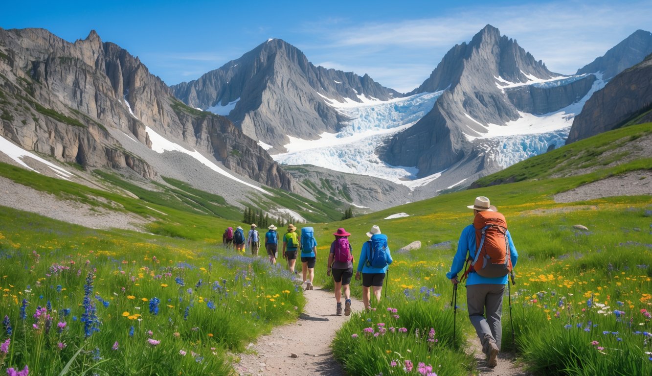 Hikers walking on a trail through green meadows with wildflowers and towering snow-capped mountains in the background under a clear blue sky.