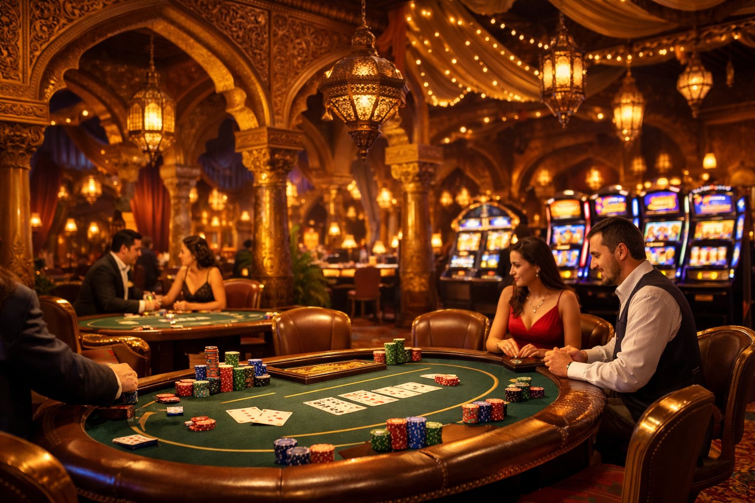 A Luxurious Casino Interior With Golden Decorations, Gaming Tables, Slot Machines, And People Playing Games Under Ornate Arches And Hanging Lanterns.