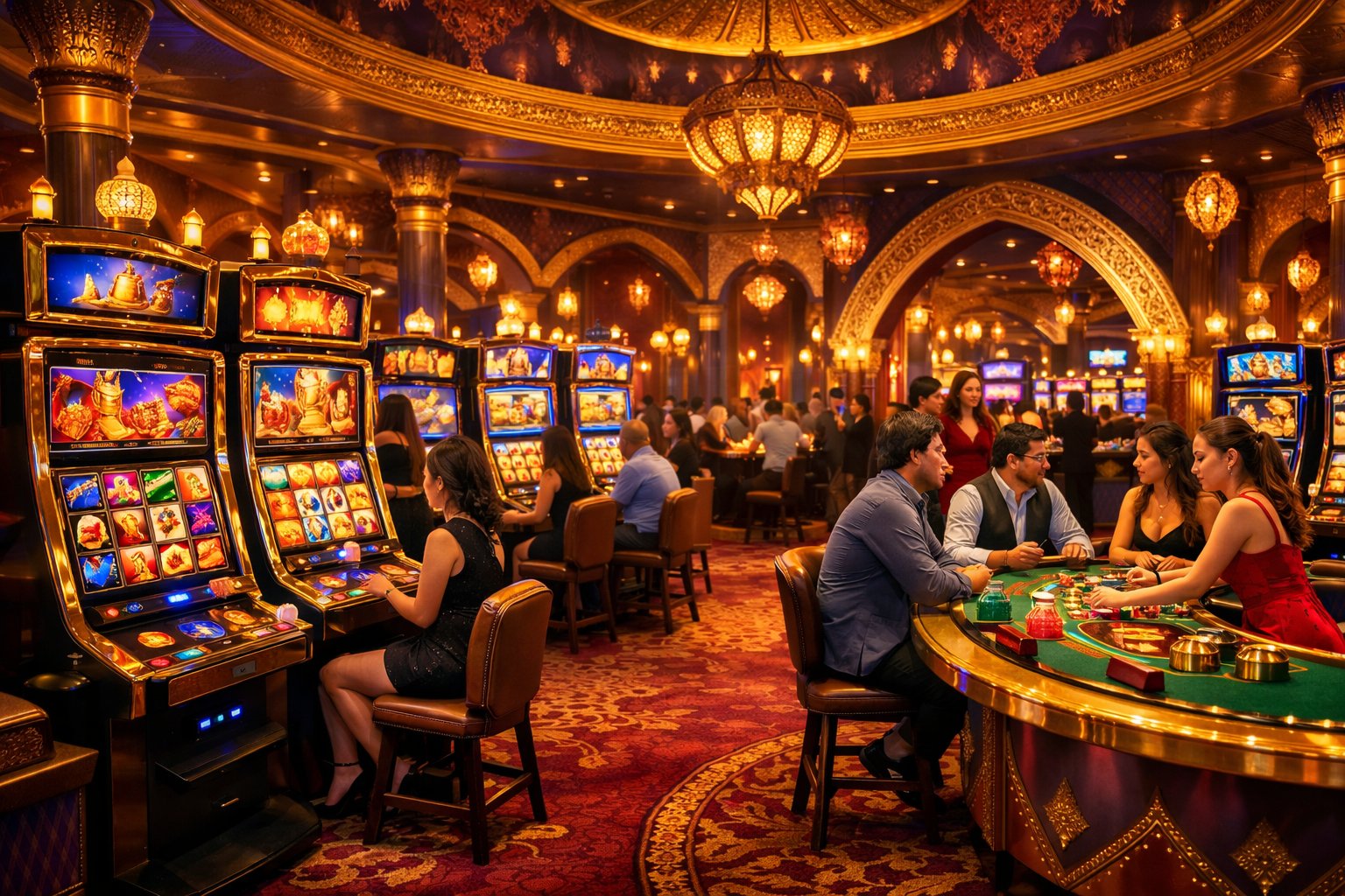A Casino Game Selection Area With Slot Machines And Gaming Tables Decorated In A Luxurious Middle Eastern Style, Featuring Gold Accents And Colorful Lighting, With People Playing Games.
