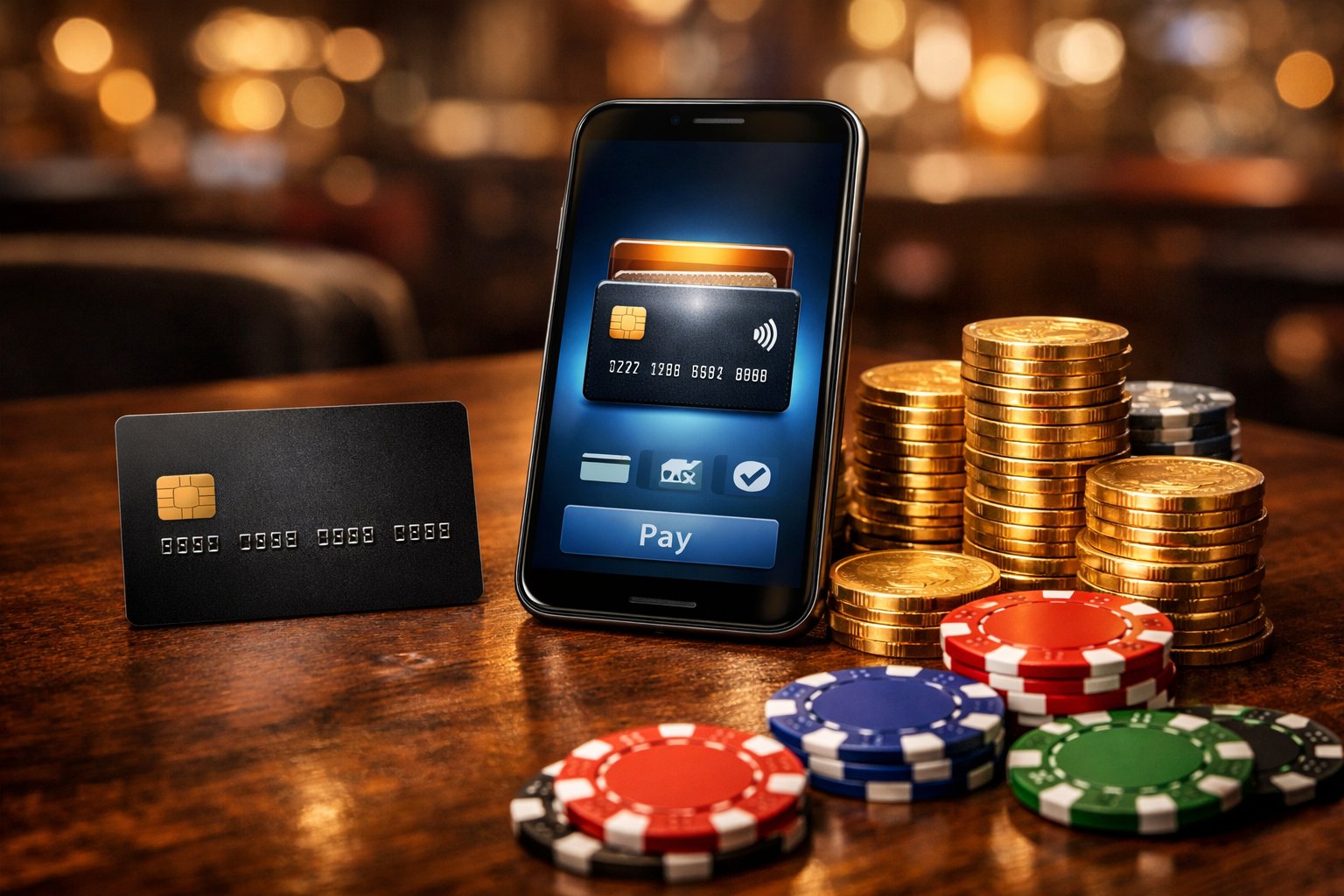 CloseUp Of Credit Card, Smartphone With Digital Wallet, Gold Coins, And Poker Chips On A Wooden Table.