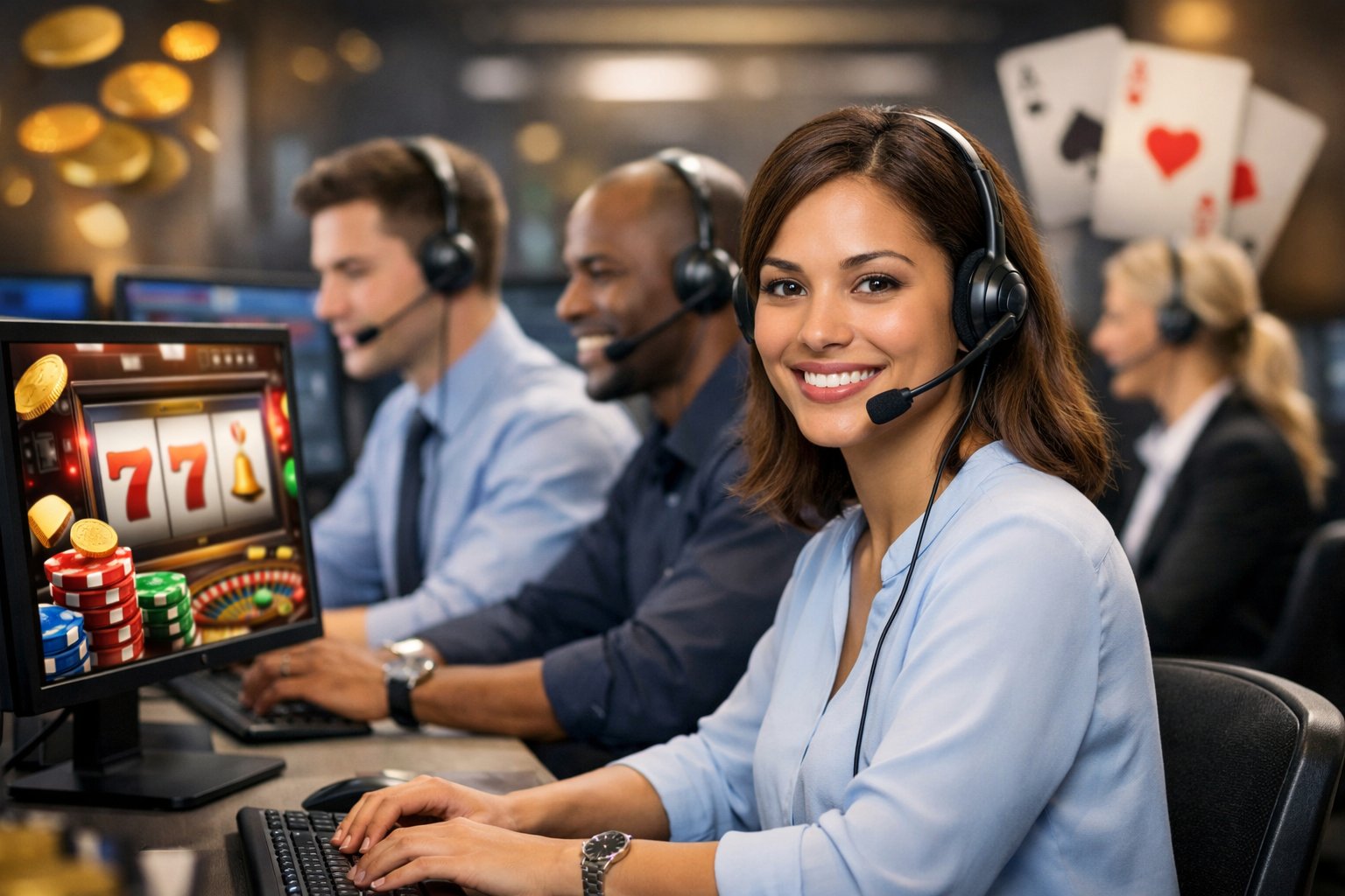 Customer Support Team Wearing Headsets Working At Computers In A Modern Office With CasinoThemed Visuals In The Background.