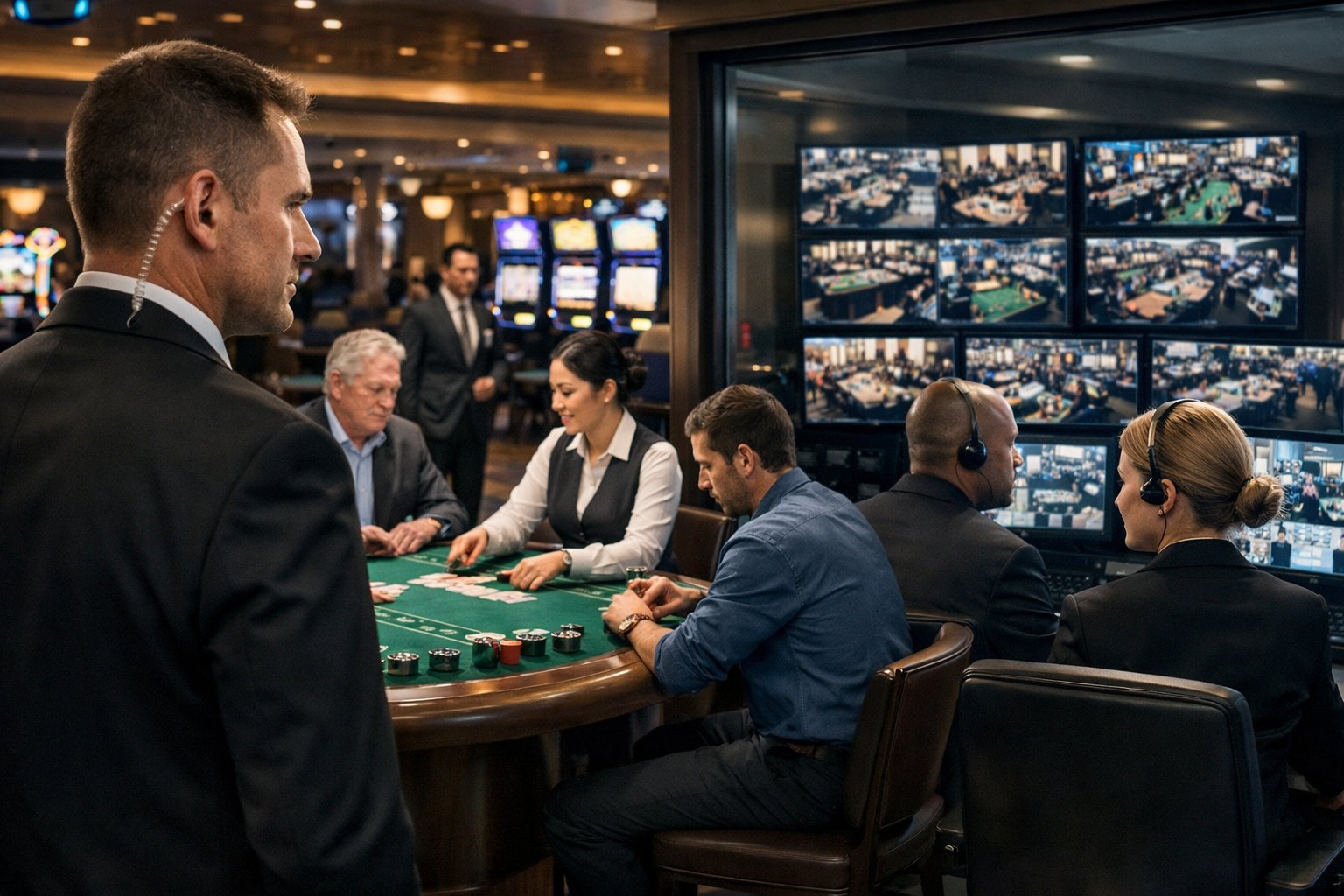 A Modern Casino Interior Showing Gaming Tables, Slot Machines, Security Personnel, And A Control Room With Monitors.